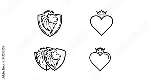 Black and white lion crests and heart icons in minimalist line art style