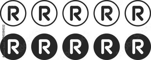 Set of registered trademark symbols R in circles, black and white variations icon