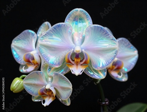 A beautiful pink phalaenopsis orchid flower with purple petals blooms in a macro close-up against a natural black background, showcasing a stunning floral blossom isolated in nature