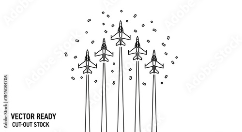 Five Fighter Jets Flying in Formation with Smoke Trails and Confetti