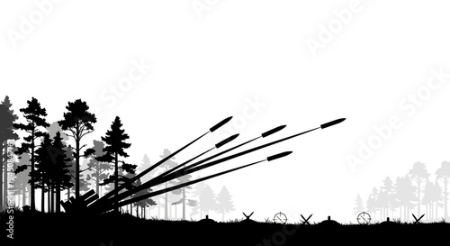 Forest Silhouette with Rocket Launch and Barbed Wire