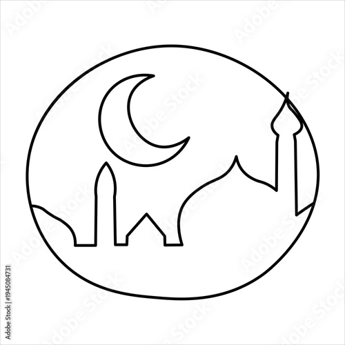 Simple black and white line art illustration of a mosque silhouette with a crescent moon, enclosed within a circular frame, representing Islamic architecture and spirituality.