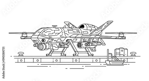Futuristic Military Drone on Docking Station with Small Boat