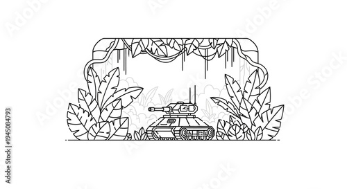 Futuristic Tank in Jungle Environment Line Art Illustration