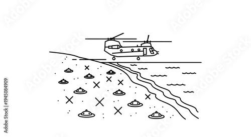 Helicopter Landing Near UFO Invasion on Beach