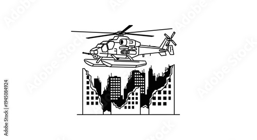 Helicopter Over Burning City Buildings