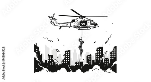 Helicopter Rescue Mission Over Destroyed Cityscape Pixel Art