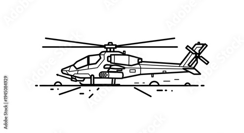 Helicopter Icon Line Art: Military Attack Helicopter on Landing Pad