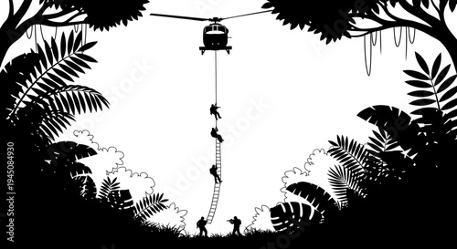 Helicopter Rescue Mission in Jungle Silhouette: Soldiers Rappelling Down Rope Ladder