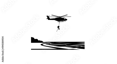 Helicopter rescue operation over a beach, person rappelling down