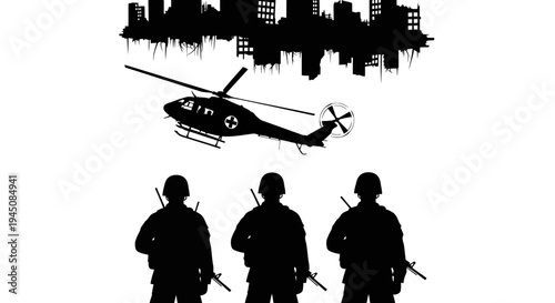 Military Helicopter and Soldiers Silhouette Over Destroyed Cityscape