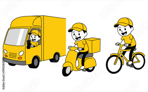 Yellow delivery workers with truck scooter and bicycle