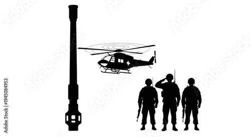 Military Helicopter and Soldiers Silhouette with Artillery Gun