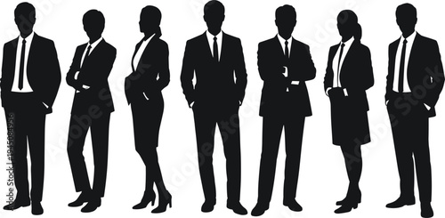 Silhouettes of business people in suits standing and posing on a white background Keywords: silhouette, business, people, man