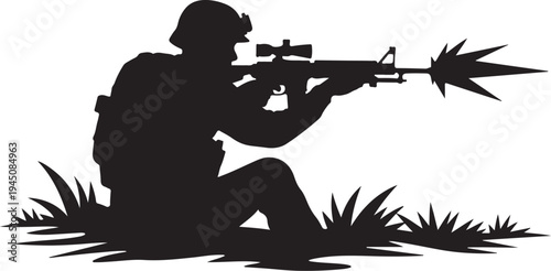 Black silhouette of soldier kneeling and aiming rifle with spiked
