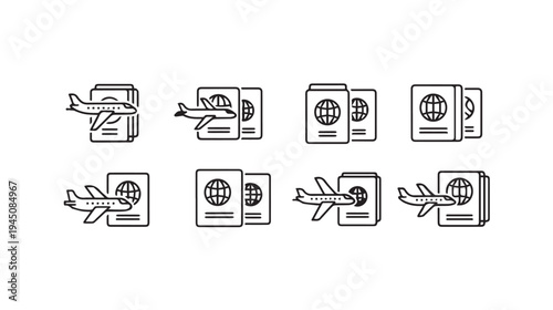 Airplane with Passport Icons Set Travel and Tourism Concept Vector Illustration