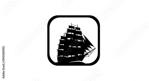 Silhouette of sailing ship within a rounded square for design element