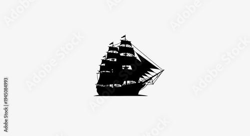 Silhouette of a tall ship sailing against a white background vector graphic