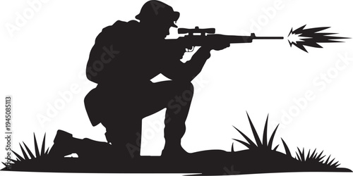 Black silhouette of soldier kneeling and firing rifle with muzzle