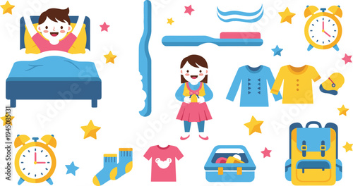 Kids daily routine collection with wake up, school uniform, backpack, alarm clock, dressing and bedtime activities cute child lifestyle vector illustration set