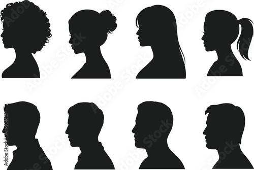 Silhouettes of diverse male and female head profiles on a white background Keywords: silhouette, profile, head, face, person
