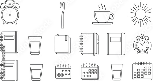 Morning routine outline icon set with alarm clock, toothbrush, coffee cup, notebook, calendar, backpack, glass of water and sunrise daily lifestyle vector