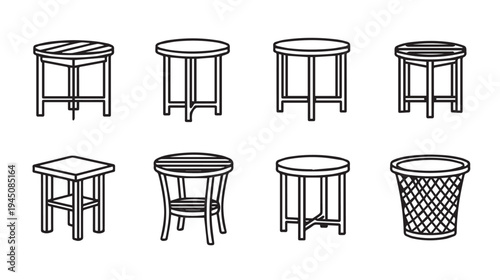 Assorted Side Tables and Trash Can Line Art Icons