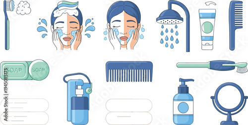 Personal hygiene and daily grooming icon set with toothbrush, soap, face washing, shower, shampoo, towel, comb and skincare routine vector illustration