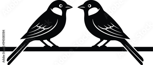 Minimalist bird pair silhouette sitting on branch symmetrical black vector illustration for logo emblem tattoo nature wildlife design