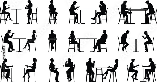 Silhouettes of People Sitting and Standing at Tables in Cafes or Restaurants illustration
