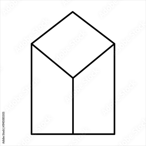 A minimalist line art illustration depicting an ambiguous three-dimensional geometric shape, 