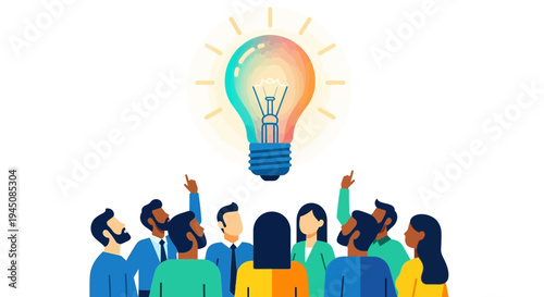 Diverse group of people looking up at a glowing lightbulb.