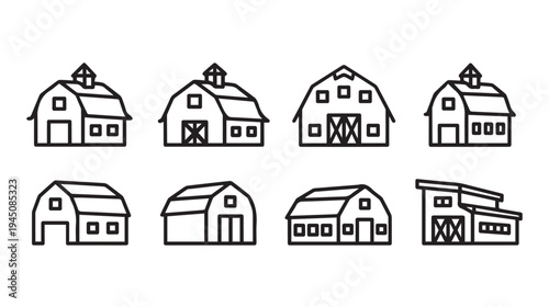 Barn Icon Set Vector Outline Simple Farm Buildings Collection