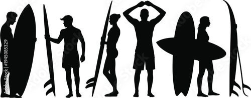 Silhouettes of people with surfboards on a white background woman