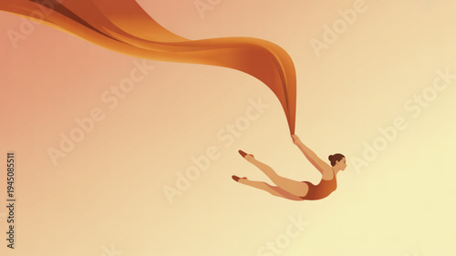 Woman floating in air with flowing fabric freedom and joy serene peach background