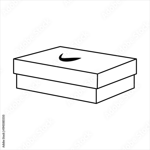 Simple black and white line drawing of a rectangular box with a distinctive curved mark on the lid, presented from an angled perspective.