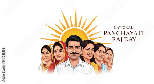 Illustration of diverse people celebrating National Panchayati Raj Day with a sunburst design, symbolizing rural governance and democracy in India.