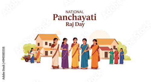 Illustration of diverse people in traditional Indian attire celebrating National Panchayati Raj Day with rural buildings in the background, symbolizing rural governance and democracy in