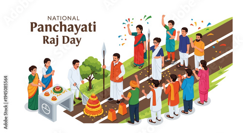 Illustration of people celebrating National Panchayati Raj Day with a ceremony on a staircase, symbolizing rural governance and development in India.