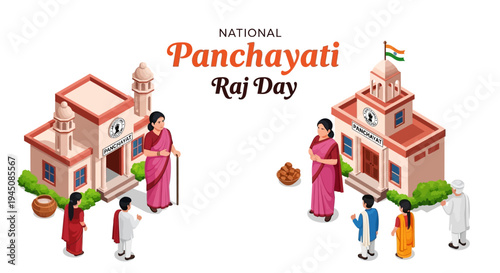 Illustration of people interacting around rural Indian buildings on National Panchayati Raj Day with a design celebrating governance and rural development.