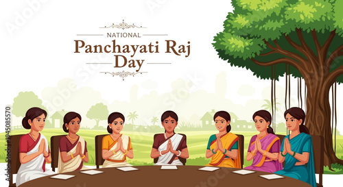 Illustration of people sitting at a table celebrating National Panchayati Raj Day in a rural Indian setting with a tree in the background.