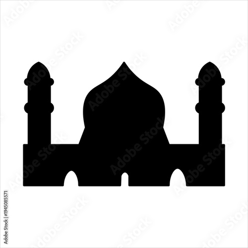 Black silhouette icon of a mosque with a central dome and two minarets, representing Islamic architecture and worship.