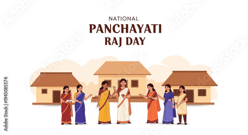 Illustration of people celebrating National Panchayati Raj Day with traditional Indian clothing and village houses in the background, symbolizing rural governance and democracy in India.