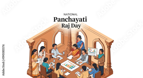 Illustration of people in a meeting for National Panchayati Raj Day, symbolizing rural governance and democracy in India with a design that includes a group discussing development and