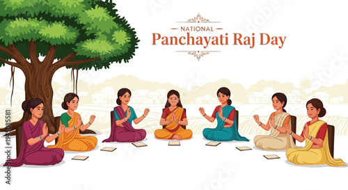 Illustration of people celebrating National Panchayati Raj Day in a rural Indian setting with a tree in the background, symbolizing rural governance and democracy.