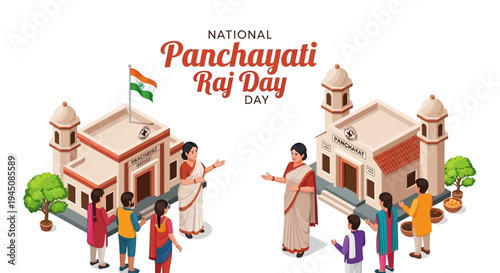 Illustration of people gathered around buildings celebrating National Panchayati Raj Day in India with a flag and trees.