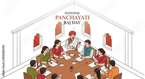Illustration of people in a meeting on National Panchayati Raj Day with papers and documents in a rural Indian governance setting.