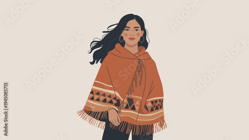 Woman wearing traditional poncho with intricate patterns and fringe standing confidently