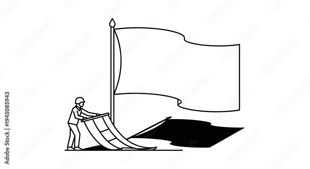 Fototapeta premium Man Raising Flag on Pole Outdoors, Symbol of Freedom, Patriotism, and New Beginnings