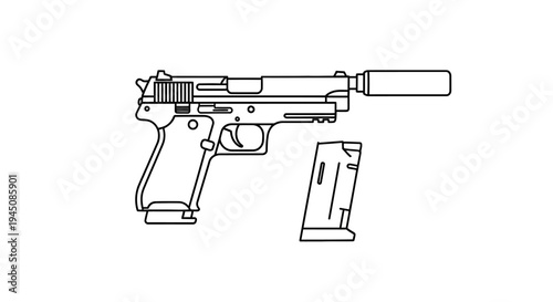 Line Art Illustration of a Silenced Pistol with Detached Magazine